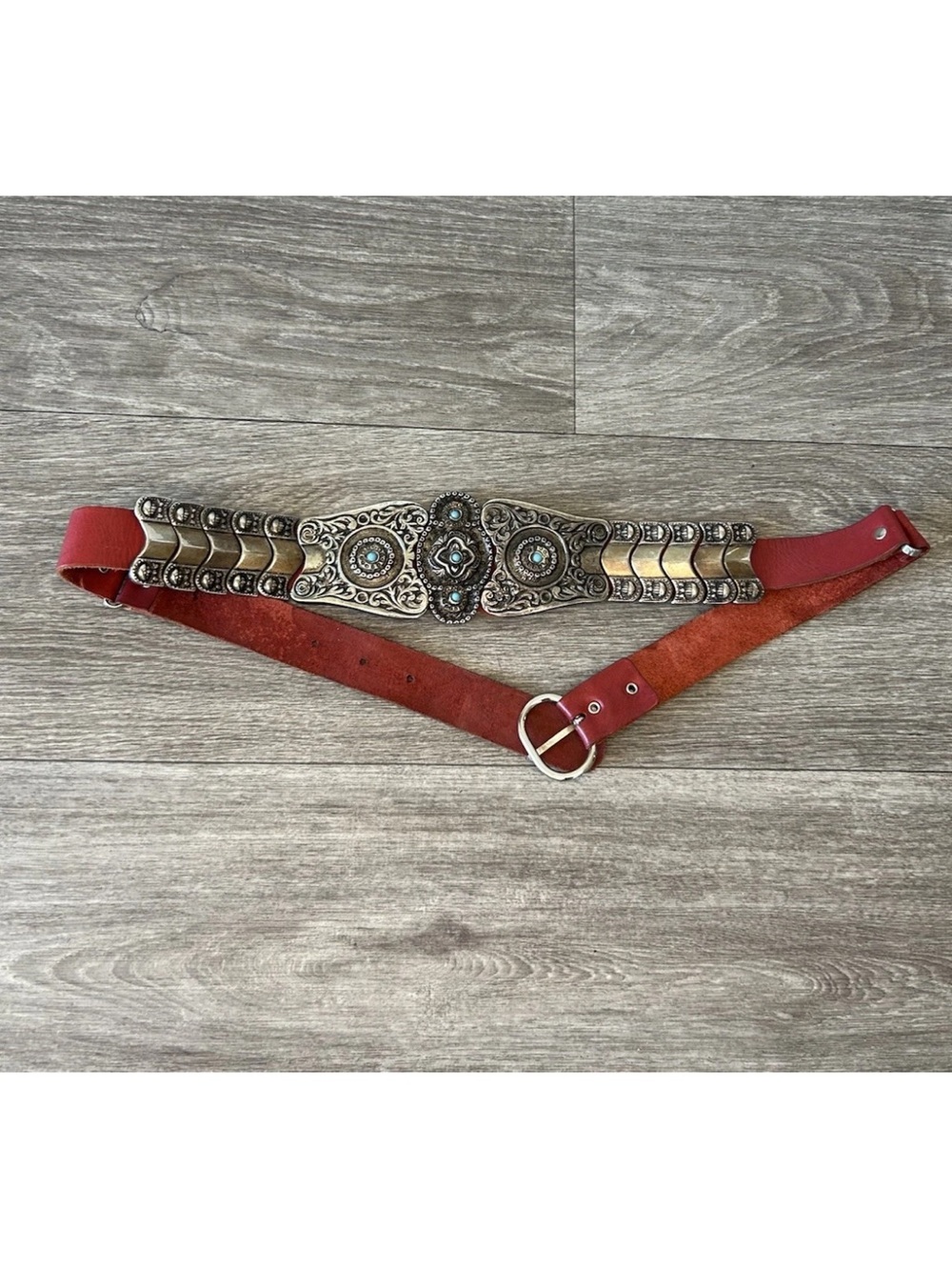 Vintage Red Leather Concho Belt Turquoise Silver Tone Western Boho 36.5” S/M - Picture 3 of 16
